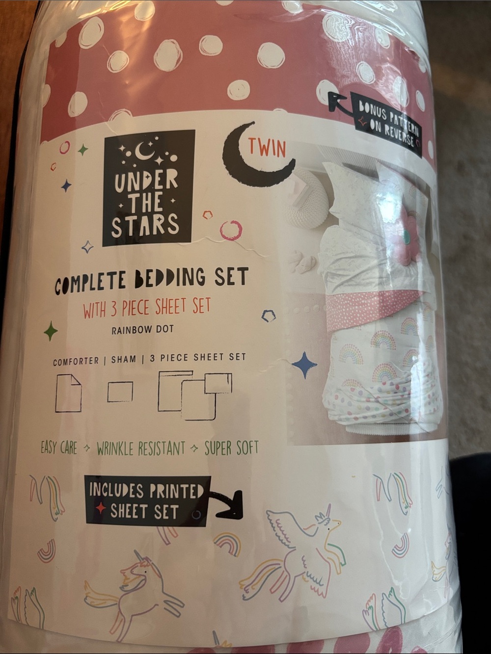 Brand new! Twin Comforter Set in Pink Rainbow and unicorn.